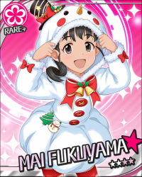 Rule 34 | 10s, 1girl, artist request, black eyes, black hair, bow, card (medium), character name, child, christmas, christmas tree, costume, flower (symbol), fukuyama mai, fur trim, hat, hood, hoodie, idolmaster, idolmaster cinderella girls, jpeg artifacts, long hair, looking at viewer, mini hat, official art, open mouth, pantyhose, ponytail, smile, snowman, snowman costume, solo, striped clothes, striped pantyhose