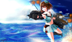 Rule 34 | 1girl, artist name, black gloves, blue eyes, blue sky, breasts, brown hair, gar32, gloves, groin, hair ornament, highres, kantai collection, maya (kancolle), medium breasts, midriff, navel, ocean, outstretched arms, rigging, sea spray, sky, standing, standing on one leg, turret, water