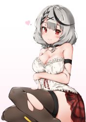 Rule 34 | 1girl, absurdres, arm strap, black collar, black hair, black thighhighs, blush, braid, braided bangs, breasts, camisole, cleavage, closed mouth, collar, frilled camisole, frills, grey hair, hair ornament, hairclip, highres, hololive, komasi, large breasts, looking at viewer, medium hair, miniskirt, multicolored hair, plaid, plaid skirt, pleated skirt, red eyes, red skirt, sakamata chloe, simple background, sitting, skirt, solo, strap slip, streaked hair, thighhighs, torn clothes, torn thighhighs, virtual youtuber, white background, white camisole, x hair ornament