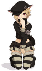 Rule 34 | 1girl, animal ears, armband, bag, belt, blonde hair, cabbie hat, cat ears, cat girl, covering face, covering own mouth, covering privates, ear piercing, earrings, female focus, full body, hat, jewelry, kneeling, loose socks, messenger bag, midriff, paper man, piercing, pu-chin, red eyes, scarf, scarf over mouth, shorts, shoulder bag, simple background, socks, solo, striped clothes, striped socks, striped thighhighs, thighhighs, white background
