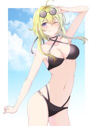 Rule 34 | 1girl, 7-mzk, ;q, adjusting eyewear, ahoge, alternate hairstyle, amano soraha, arm up, assault lily, bare arms, bare shoulders, bikini, black-framed eyewear, black bikini, black choker, black ribbon, blonde hair, blue sky, blush, border, breasts, choker, cleavage, closed mouth, cloud, collarbone, commentary request, contrapposto, cowboy shot, criss-cross halter, day, eyewear on head, hair ribbon, halterneck, highres, long hair, looking at viewer, medium breasts, multi-strapped bikini bottom, navel, o-ring, o-ring bikini, o-ring bottom, o-ring top, one eye closed, outdoors, outside border, purple eyes, ribbon, round eyewear, sky, smile, solo, stomach, sunglasses, swimsuit, tongue, tongue out, white border