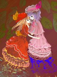 Rule 34 | 2girls, angra pastel, bad id, bad pixiv id, dress, embellished costume, eye contact, female focus, flandre scarlet, frilled dress, frills, hat, looking at another, multiple girls, no wings, remilia scarlet, siblings, sisters, touhou