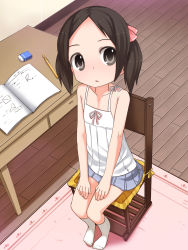 Rule 34 | 1girl, aged down, bare shoulders, black eyes, black hair, chair, child, eraser, from above, full body, hair ribbon, highres, kneehighs, long hair, looking at viewer, looking up, notebook, open mouth, original, pencil, ribbon, shouji ayumu, sitting, skirt, socks, solo, table, twintails, white socks