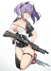 Rule 34 | &gt;:o, 1girl, absurdres, bikini, black gloves, black thighhighs, center opening, combat shotgun, commentary, corset, covered erect nipples, crop top, crop top overhang, cropped jacket, crossed bangs, dual-mode shotgun, earpiece, fingerless gloves, full body, gloves, grey jacket, gun, hair between eyes, highres, holding, holding gun, holding weapon, jacket, kneeling, lomocya, looking at viewer, nike (company), open clothes, open jacket, open mouth, original, pump-action shotgun, pump action, red footwear, revealing clothes, see-through, semi-automatic firearm, semi-automatic shotgun, shoes, shotgun, single thighhigh, skindentation, sleeves rolled up, sneakers, solo, spas-12, swimsuit, thigh strap, thighhighs, trigger discipline, v-shaped eyebrows, weapon, white background, white bikini, zipper