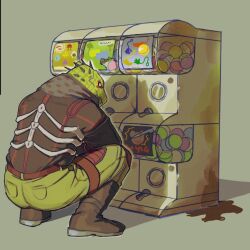 Rule 34 | 1boy, animal head, ass, caiman (dorohedoro), cargo pants, dorohedoro, frown, full body, gashapon, green scales, highres, jacket, large pectorals, male focus, pants, peachthyme, pectorals, poncho, reptile boy, ribs, solo, squatting