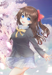Rule 34 | 1girl, aqua eyes, artist name, artist request, bare legs, black cardigan, black jacket, blue eyes, blue sky, blush, bow, branch, breasts, brown hair, buttons, cardigan, checkered clothes, checkered skirt, cloud, collared shirt, day, female focus, hair between eyes, hair bow, highres, jacket, long hair, long sleeves, looking at viewer, love live!, love live! nijigasaki high school idol club, low ponytail, medium breasts, miniskirt, nijigasaki school uniform, osaka shizuku, outdoors, parted lips, petals, pink petals, plaid, plaid skirt, pleated, pleated skirt, ponytail, red bow, ribbon, school uniform, shirt, skirt, sky, small breasts, smile, solo, tree, white petals, white shirt, white skirt, yellow buttons, yellow neckwear, yellow ribbon