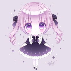 Rule 34 | 1girl, black bow, black dress, black footwear, blush, bow, brown hair, chibi, closed mouth, commentary, dress, english commentary, frilled dress, frills, full body, gothic lolita, grey background, hair bow, highres, himetsuki luna, lolita fashion, long hair, long sleeves, looking at viewer, original, pantyhose, purple eyes, ringlets, shoes, signature, simple background, smile, solo, sparkle, standing, twintails, twitter username, very long hair, white pantyhose