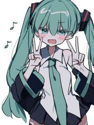 Rule 34 | 1girl, :d, absurdres, ameno (motiizamurai), bare shoulders, black skirt, black sleeves, blue eyes, blue hair, blue necktie, blush, collared shirt, detached sleeves, dot nose, double v, eighth note, hair ornament, hands up, hatsune miku, head tilt, highres, long hair, long sleeves, miniskirt, musical note, necktie, open mouth, pleated skirt, shirt, sidelocks, simple background, skirt, sleeveless, sleeveless shirt, smile, solo, twintails, v, very long hair, vocaloid, white background, white shirt