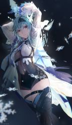 Rule 34 | 1girl, aqua hair, artist name, biittertaste, black gloves, black thighhighs, bodystocking, breasts, cape, dutch angle, eula (genshin impact), genshin impact, gloves, hair between eyes, hairband, highres, holding, holding sword, holding weapon, juliet sleeves, long hair, long sleeves, looking at viewer, medium breasts, necktie, parted lips, puffy sleeves, shirt, short shorts, shorts, skindentation, snowflakes, solo, standing, sword, thigh strap, thighhighs, thighs, weapon, white shirt, wide sleeves, yellow eyes