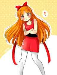 Rule 34 | bare arms, blossom (ppg), blunt bangs, blush, blush stickers, bow, crossed arms, dress, hair bow, leaning to the side, long hair, orange hair, pantyhose, parted bangs, polka dot, polka dot background, pout, powerpuff girls, question mark, red bow, red dress, red eyes, simple background, standing, v-shaped eyebrows, white legwear
