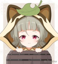 Rule 34 | 1girl, animal ears, animal hood, barrel, closed mouth, commentary request, fake animal ears, genshin impact, grey background, grey hair, hands up, hood, hood up, in container, leaf, leaf on head, looking at viewer, mitya, peeking out, purple eyes, raccoon ears, sayu (genshin impact), smile, solo, twitter username, two-tone background, white background