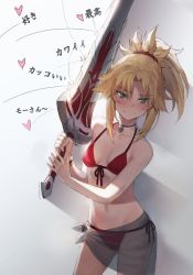 Rule 34 | 1girl, bare shoulders, bikini, blonde hair, blush, braid, breasts, clarent (fate), collarbone, fate/grand order, fate (series), french braid, green eyes, hair ornament, hair scrunchie, heart, highres, jewelry, long hair, mordred (fate), mordred (fate) (all), mordred (swimsuit rider) (fate), mordred (swimsuit rider) (first ascension) (fate), navel, necklace, parted bangs, ponytail, red bikini, sarong, scrunchie, sidelocks, small breasts, solo, swimsuit, sword, thighs, tonee, translated, weapon