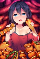 Rule 34 | 1girl, 7zu7, bare shoulders, black hair, blue eyes, blush, breasts, cleavage, female focus, food, kebab, looking at viewer, open mouth, original, red shirt, sexually suggestive, shirt, short hair, short sleeves, small breasts, solo, strap slip, tears