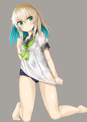 Rule 34 | 1girl, aqua hair, barefoot, blonde hair, blue one-piece swimsuit, blush, closed mouth, colored inner hair, commentary request, gluteal fold, green eyes, green neckerchief, grey background, kavka, looking back, multicolored hair, neckerchief, one-piece swimsuit, original, school swimsuit, school uniform, see-through, serafuku, shirt, short sleeves, solo, swimsuit, swimsuit under clothes, two-tone hair, uniform, wet, wet clothes, wet shirt, white shirt