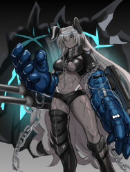 Rule 34 | 1girl, abs, arbiter strength viii (azur lane), armor, armored boots, azur lane, black armor, black buruma, blue armor, boots, breasts, buruma, chain, closed mouth, colored skin, commentary request, cross scar, expressionless, feet out of frame, gauntlets, grey eyes, grey hair, grey skin, highres, large breasts, long hair, looking at viewer, muscular, muscular female, navel, pauldrons, scar, scar on leg, shoulder armor, siren (azur lane), solo, standing, very long hair, zetsuei (zetto)