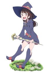 Rule 34 | 10s, 1girl, :d, air 0497, belt, blue dress, blue footwear, blue hat, blunt bangs, blush, boots, brown hair, commentary request, dress, faux figurine, full body, grass, half updo, hat, highres, holding, holding wand, kagari atsuko, knee boots, little witch academia, long hair, long sleeves, looking at viewer, open mouth, red eyes, rock, round teeth, short ponytail, simple background, smile, solo, tareme, teeth, wand, white background, wide sleeves, witch hat