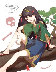 Rule 34 | 1girl, artist name, bare shoulders, black hair, blue skirt, branch, collarbone, commentary request, fang, green shirt, highres, horns, jill 07km, leaf, long hair, long sleeves, looking at viewer, nippaku zanmu, off-shoulder shirt, off shoulder, open mouth, red eyes, red footwear, shirt, simple background, sitting, skirt, skull, slippers, smile, solo, tassel, touhou, translation request, tree, white background, wide sleeves