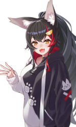 1girl absurdres animal_ear_fluff animal_ears asymmetrical_shirt black_hair black_hoodie fangs highres hololive hood hoodie looking_at_viewer multicolored_hair official_alternate_costume ookami_mio ookami_mio_(casual) paw_print paw_print_pattern red_hair skin_fangs smile solo streaked_hair ta_shiuji30 two-tone_hoodie virtual_youtuber white_background white_hoodie wolf_ears wolf_girl