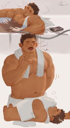 Rule 34 | 1boy, absurdres, after bathing, animal ears, bandaid, bandaid on shoulder, bara, bathing, bathtub, belly, blush, brown hair, cat ears, dark-skinned male, dark skin, deformed, drooling, earrings, extra ears, facial hair, goatee stubble, goo (koushishikou11), highres, hugging object, jewelry, large pectorals, long sideburns, lying, male focus, mature male, motion lines, multiple views, muscular, muscular male, navel, nude, on back, original, partially submerged, pectorals, pillow, pillow hug, pointy ears, profile, scratching ass, short hair, sideburns, squeans, sleeping, sleepy, steam, strongman waist, stubble, tearing up, thick eyebrows, towel around waist, wet, white background, yawning