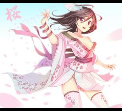 Rule 34 | 1girl, :d, bare shoulders, black hair, blush, breasts, cleavage, collarbone, cowboy shot, floral print, furisode, japanese clothes, kimono, letterboxed, long hair, looking at viewer, nakaichi (ridil), off shoulder, open mouth, original, panties, pantyshot, pink panties, purple eyes, sash, short kimono, smile, solo, standing, thighhighs, underwear, white thighhighs, wide sleeves