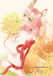 Rule 34 | 1girl, alternate costume, animal ear fluff, animal ears, barefoot, bouquet, bow, braid, closed mouth, fingernails, flower, fox ears, fox girl, fox tail, from behind, gradient hair, grass, green eyes, green hair, hair between eyes, hair over shoulder, highres, holding, holding bouquet, japanese clothes, kanroji mitsuri, kemonomimi mode, kimetsu no yaiba, kimono, long hair, long sleeves, looking at viewer, looking back, mole, mole under eye, multicolored hair, multiple tails, obi, on ground, pink hair, red bow, sash, sitting, sky blue 025250, smile, soles, solo, tail, twitter username, two-tone hair, wariza, white background, white kimono, yellow flower
