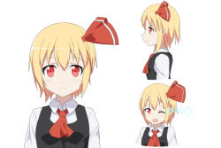 Rule 34 | 1girl, :d, ascot, blonde hair, blush, cato (monocatienus), collared shirt, dot pupils, from side, hair ribbon, long sleeves, looking at viewer, one eye closed, open mouth, red eyes, ribbon, rumia, shirt, short hair, simple background, smile, star (symbol), touhou, white background, wink