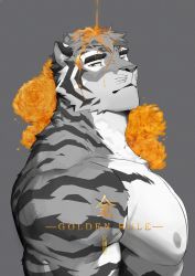Rule 34 | 1boy, animal ears, bara, bare pectorals, broad shoulders, flower, furry, furry male, highres, kou (ixkouu), large pectorals, looking at viewer, manly, muscular, muscular male, nipples, orange eyes, orange flower, original, pectoral cleavage, pectorals, text focus, thick arms, tiger boy, wet