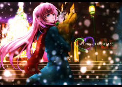Rule 34 | 1girl, bad id, bad pixiv id, bag, blue eyes, breath, christmas, coat, letterboxed, long hair, megurine luka, museum2088, museum2088 (shentian), outdoors, pink hair, smile, snow, solo, vocaloid, winter