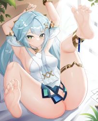 Rule 34 | 1girl, absurdres, barefoot, blue eyes, blue hair, faruzan (genshin impact), feet, genshin impact, highres, light blue hair, long hair, looking at viewer, no panties, parted lips, pussy, soles, toes, twintails