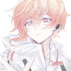 Rule 34 | 1boy, azhe kanata, closed mouth, earbuds, earphones, expressionless, facing viewer, hood, hood down, jacket, looking to the side, male focus, miyama kei, paradox live, pink eyes, pink hair, short hair, sketch, solo, white background, white jacket