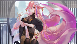 Rule 34 | 1girl, animal ears, bare shoulders, blush, breasts, earrings, fox ears, fox tail, genshin impact, hair ornament, highres, jewelry, large breasts, long hair, looking at viewer, multiple tails, pink hair, purple eyes, shei99, sidelocks, smile, solo, tail, thighs, very long hair, yae miko