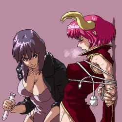 Rule 34 | 2girls, arms behind back, bdsm, blush, bondage, bound, breast bondage, breasts, breath, cable, china dress, chinese clothes, cleavage, closed eyes, commentary, crossover, dress, femdom, ghost in the shell, heavy breathing, horns, implied futanari, jacket, kusanagi motoko, large breasts, linux, longhorn, lowres, mouse (computer), multiple girls, no panties, oekaki, open clothes, open jacket, os-tan, pink hair, purple background, purple hair, rakugaki, rakugaki (artist), red eyes, short hair, simple background, sweat, test tube, yuri