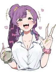 Rule 34 | +++, 1girl, blush, breasts, cleavage, collarbone, collared shirt, commentary request, cropped torso, drink, drinking straw, fake nails, green eyes, green nails, gyaru, highres, holding, holding drink, link! like! love live!, liz (piyoko piyop), long hair, looking at viewer, love live!, medium breasts, open mouth, orange nails, otomune kozue, scrunchie, shirt, side ponytail, sidelocks, solo, swept bangs, tareme, upper body, virtual youtuber, w, white background, white shirt, wrist scrunchie