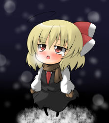 Rule 34 | 1girl, black background, blonde hair, blush, cold, embodiment of scarlet devil, female focus, mo, mori 181, red eyes, ribbon, rumia, scarf, short hair, snow, solo, standing, tears, touhou