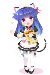 Rule 34 | 1girl, :d, alternate costume, animal ear fluff, animal ears, black footwear, blue hair, blunt bangs, cat ears, cat tail, chibi, commentary request, enmaided, full body, furude rika, gaou (babel), garter straps, heart, heart in eye, higurashi no naku koro ni, long hair, looking at viewer, maid, maid headdress, menu, name tag, open mouth, puffy short sleeves, puffy sleeves, purple eyes, shoes, short sleeves, simple background, smile, solo, symbol in eye, tail, thighhighs, white background, white thighhighs, wrist cuffs