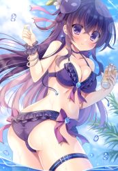 Rule 34 | 1girl, ass, bikini, blue sky, breasts, bubble, cleavage, cup, day, drink, drinking straw, flower, hair flower, hair ornament, highres, holding, holding cup, kouta., large breasts, long hair, looking at viewer, ocean, original, purple bikini, purple eyes, purple hair, sky, smile, solo, sunlight, swimsuit, very long hair, water
