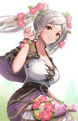 Rule 34 | 1girl, absurdres, adjusting hair, belt, bouquet, braid, breasts, brown eyes, cleavage, collarbone, dress, fire emblem, fire emblem awakening, fire emblem heroes, flower, gonzarez, hair flower, hair ornament, hand up, highres, holding, holding bouquet, looking at viewer, medium breasts, nail polish, nintendo, official alternate costume, pink nails, robin (female) (fire emblem), robin (female) (valentine) (fire emblem), robin (fire emblem), smile, solo, teeth, twintails, upper body, white dress, white hair