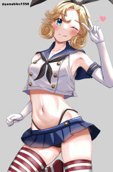 Rule 34 | 1girl, absurdres, black hairband, black neckerchief, black panties, blonde hair, blue eyes, blue sailor collar, blue skirt, cosplay, cowboy shot, crop top, elbow gloves, gloves, grey background, hairband, highleg, highleg panties, highres, janus (kancolle), kantai collection, looking at viewer, microskirt, miniskirt, mizuki (uzuki no sato), neckerchief, one-hour drawing challenge, one eye closed, panties, pleated skirt, sailor collar, shimakaze (kancolle), shimakaze (kancolle) (cosplay), shirt, short hair, simple background, skirt, sleeveless, sleeveless shirt, smile, solo, striped clothes, striped thighhighs, thighhighs, twitter username, underwear, v, v over eye, white gloves