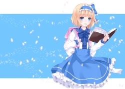 Rule 34 | 1girl, aged down, alice margatroid, alice margatroid (pc-98), bag, blonde hair, blue eyes, blue neckwear, blue skirt, book, bow, frilled skirt, frills, hairband, holding, holding book, lolita hairband, long sleeves, looking at viewer, nanatuki13, open mouth, shirt, short hair, skirt, solo, standing, touhou, touhou (pc-98), white shirt