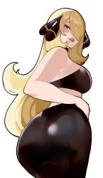 Rule 34 | 1girl, ass, blonde hair, bra, breasts, creatures (company), cynthia (pokemon), game freak, hair over one eye, highres, huge ass, lipstick, long hair, looking at viewer, looking back, makeup, mature female, medium breasts, nintendo, nyantcha, open mouth, pokemon, pokemon dppt, sideboob, skirt, smile, underwear