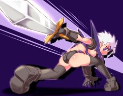 Rule 34 | 1girl, ass, boots, breasts, cougar (cougar1404), dragon: marked for death, genderswap, genderswap (mtf), solo, sword, thighhighs, warrior (dmfd), weapon, wedgie, white hair