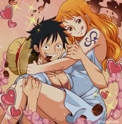 Rule 34 | 1boy, 1girl, absurdres, black hair, carrying, carrying person, chandllucky, couple, curvy, dress, hat, heart, highres, long hair, monkey d. luffy, muscular, muscular male, nami (one piece), one piece, orange hair, scar, short hair, straw hat, tattoo, tongue, tongue out, valentine&#039;s day, valentine chocolate