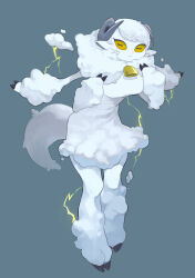 Rule 34 | 1girl, :&lt;, absurdres, animal ears, animal feet, animal hands, bell, blue background, body fur, breasts, closed mouth, cloud, colored sclera, colored skin, cowbell, daon (kenta111881), dress, electricity, extra arms, full body, furry, furry female, grey hair, hands up, highres, hooves, horizontal pupils, horns, looking at viewer, medium breasts, neck bell, neck fur, original, sheep ears, sheep girl, sheep horns, short dress, short hair, solo, standing, tail, white dress, white fur, white hair, white skin, yellow sclera