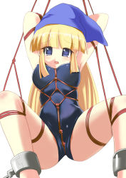 Rule 34 | 1girl, ankle cuffs, arms up, bdsm, blonde hair, blue eyes, bondage, bound, crotch rope, cuffs, hat, long hair, madou monogatari, one-piece swimsuit, paketto, puyopuyo, rope, shackles, shibari, suspension, swimsuit, tears, witch (puyopuyo)