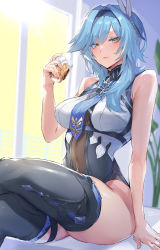 Rule 34 | 1girl, :d, absurdres, alcohol, bare shoulders, black thighhighs, blue hair, blush, breasts, colored eyelashes, commentary request, crossed legs, cup, drinking glass, eula (genshin impact), genshin impact, hairband, highres, large breasts, leotard, long hair, navel, necktie, open mouth, plant, see-through, sitting, sleeveless, smile, solo, suurin (ksyaro), thighhighs, whiskey
