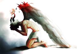 Rule 34 | 1boy, angel, angel wings, blood, bloody tears, broken horn, demon horns, dreamy94, full body, halo, hands on own face, highres, horns, kneeling, loincloth, male focus, muscular, original, shaded face, topless male, silver hair, solo, wings