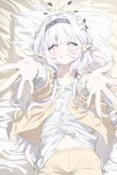 Rule 34 | 1girl, absurdres, applepie (12711019), bed sheet, blue archive, flower, grey halo, hair flower, hair ornament, hairband, halo, highres, himari (blue archive), long hair, looking at viewer, lying, on back, pillow, pointy ears, purple eyes, shirt, solo, white hair, white hairband, white shirt