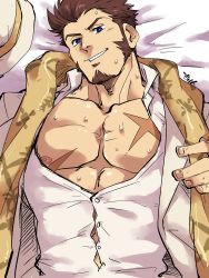 Rule 34 | 1boy, abs, beard, blue eyes, brown hair, facial hair, fate/grand order, fate (series), hat, highres, large pectorals, long sideburns, long sleeves, looking at viewer, male focus, muscular, napoleon bonaparte (fate), nipple slip, nipples, official alternate costume, open clothes, open shirt, pectoral cleavage, pectorals, scar, scarf, shirako (artist), shirako (kirupi), sideburns, simple background, smile, solo, sweat, upper body