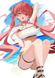Rule 34 | 1girl, absurdres, bare shoulders, beach, bikini, blush, breasts, cleavage, heterochromia, highres, hololive, houshou marine, jewelry, large breasts, long hair, looking at viewer, necklace, open mouth, red eyes, red hair, sandals, short shorts, shorts, solo, strapless, swimsuit, thigh strap, tube top, twintails, very long hair, virtual youtuber, white shorts, yellow eyes, yuzuyukiha