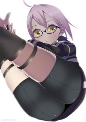 Rule 34 | 1girl, ahoge, artoria pendragon (fate), ashino moto, ass, bike shorts, black thighhighs, commentary request, fate/grand order, fate (series), from below, glasses, hair between eyes, highres, jacket, long sleeves, looking at viewer, mysterious heroine x alter (fate), mysterious heroine x alter (second ascension) (fate), pink hair, semi-rimless eyewear, short hair, simple background, solo, swept bangs, thigh strap, thighhighs, twitter username, under-rim eyewear, white background, yellow eyes